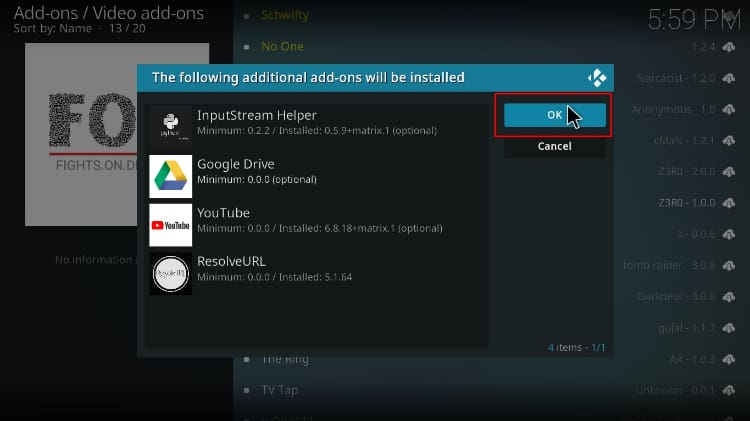 Required dependencies to install along with the Fights on Demand Kodi addon