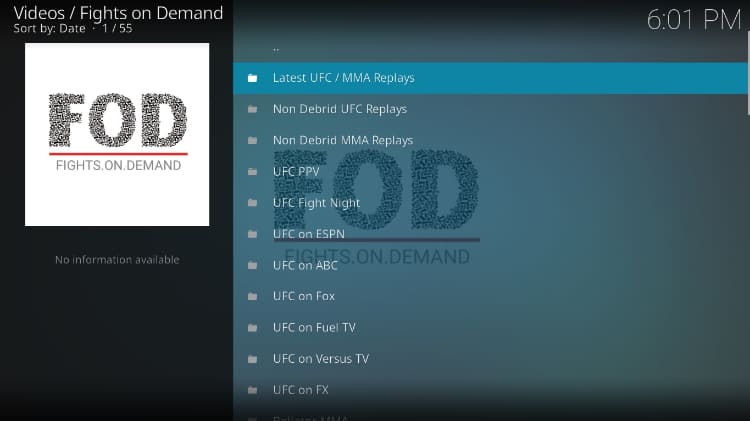 You'll find many categories on Fights on Demand Addon Menu, after the install