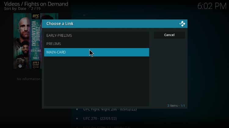 streaming options from the installed Addon Fights on Demand on Kodi
