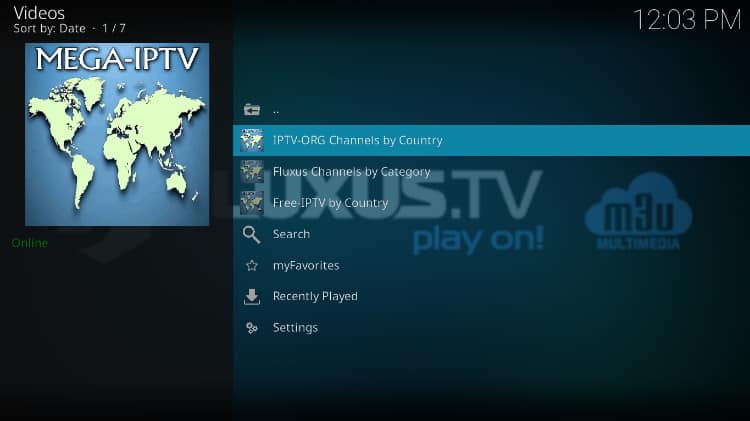 Mega IPTV main categories