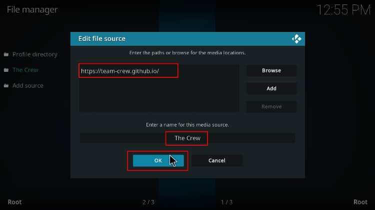 To install For the Love of Sci-Fi Kodi addon, enter the The Crew repo source, containing it