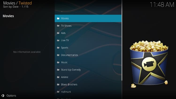 Twisted Kodi addon menu