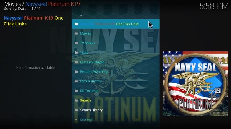 NavySeal Platinum Interface after the Addon install on Kodi