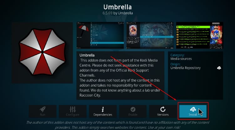 install Umbrella Kodi addon option