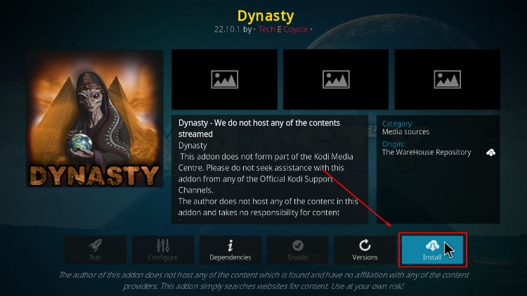 install Dynasty kodi addon option