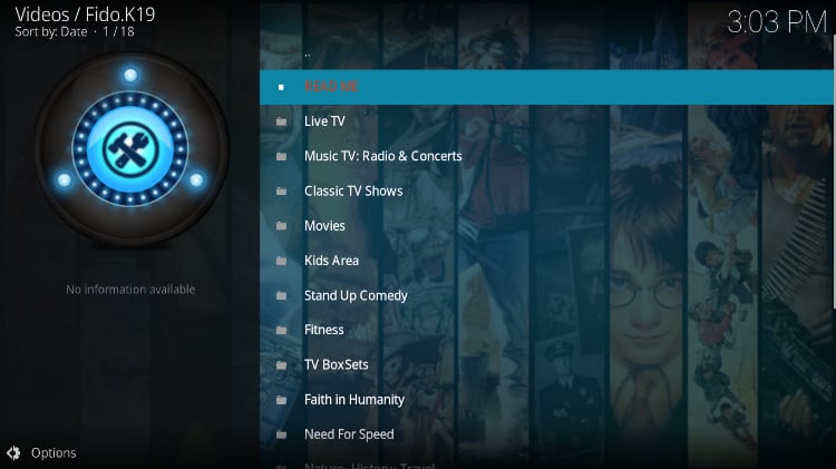 Fido K19 menu items, after the install on Kodi