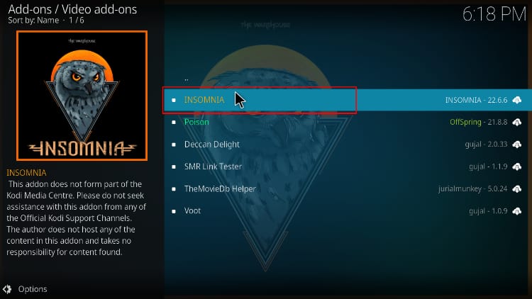 Select Insomnia from the Addons list to install it on Kodi