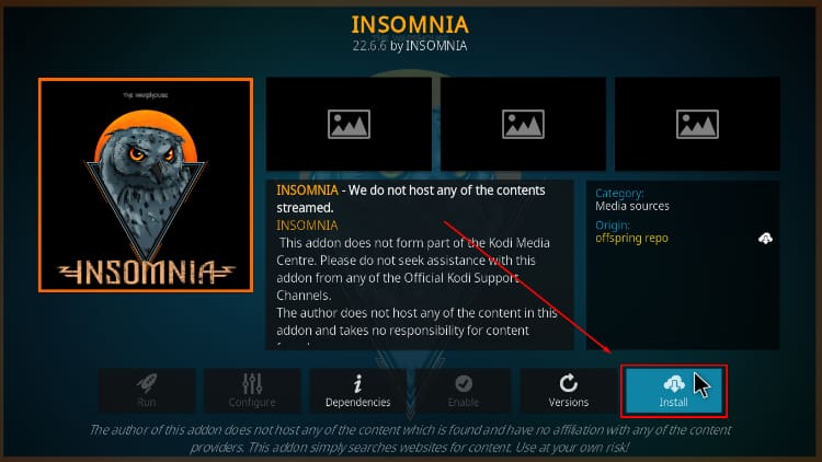 Hit Install button to Install Insomnia addon on Kodi