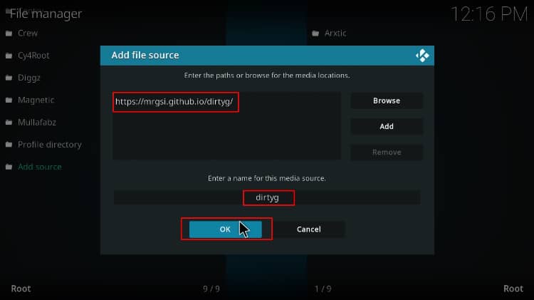 Add DirtyG repo source containing the VideoDevil Addon to install on Kodi