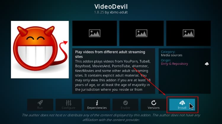 Hit button Install to install VideoDevil addon on Kodi