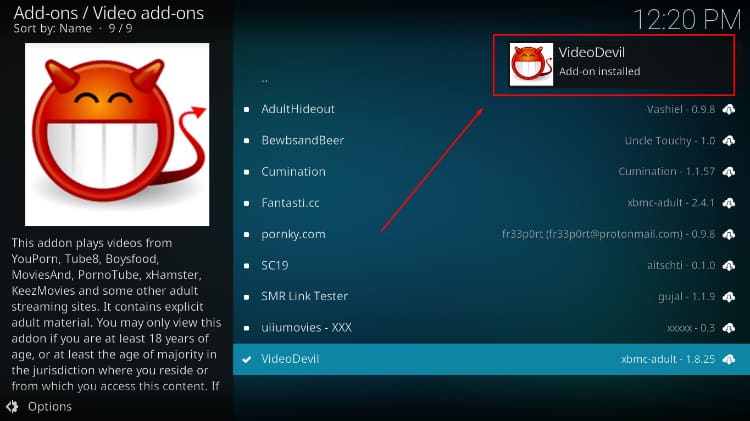 Kodi will let you know when VideoDevil is installed
