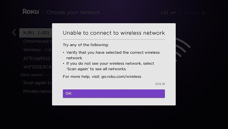 Roku Unable to connect to Wifi network error