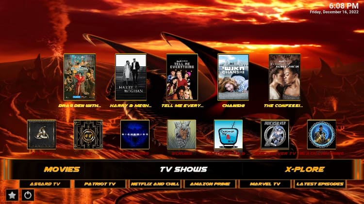 TV Shows section on the Mad Dragon Build after install on Kodi