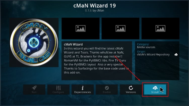 Hit install cMan Wizard 19 to help you install Mad Dragon Build on Kodi