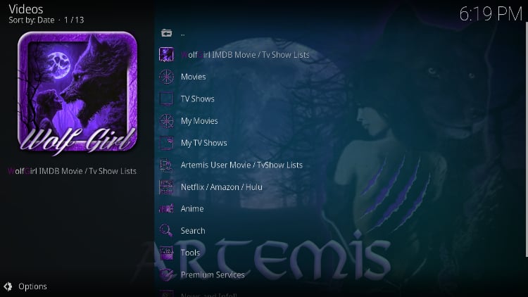 Artemis Kodi addon menu items