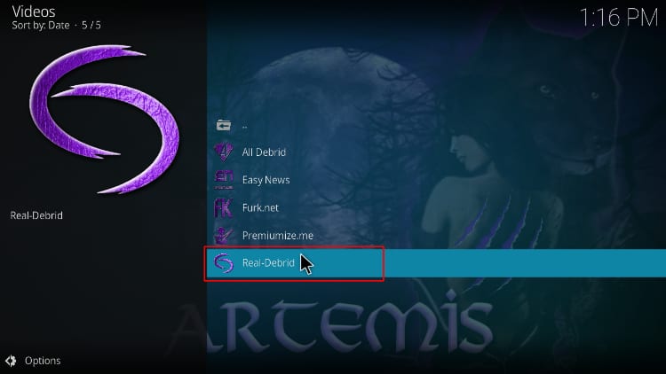 Artemis Kodi addon real-debrid option