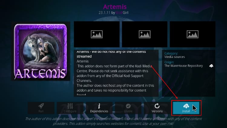 Install Artemis Kodi addon option