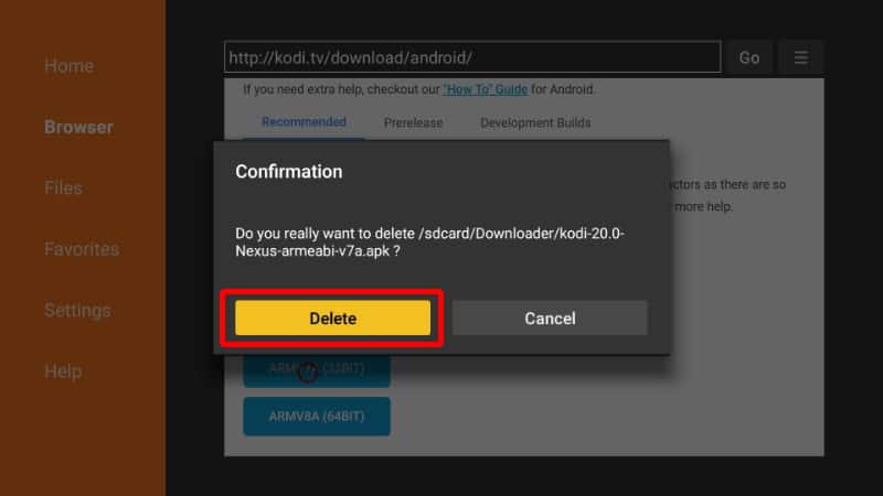 Confirm Delete Kodi file option after installing Kodi 20 Nexus