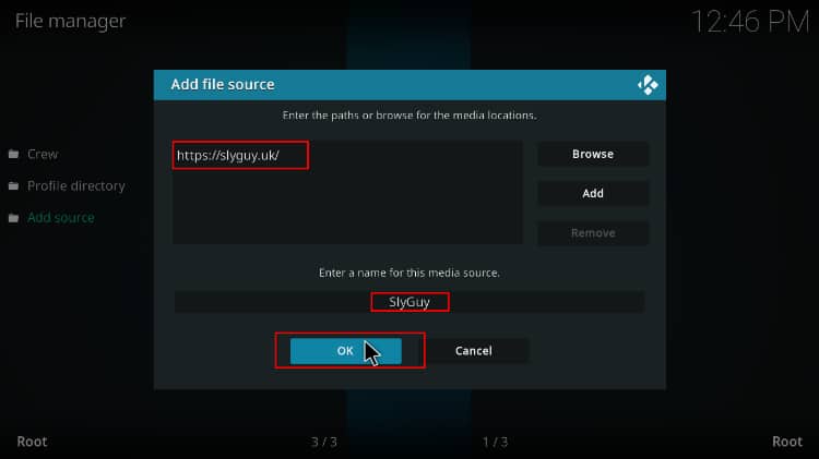 Adding Sly Guy repo source containing the Sky Go Addon to install on Firestick