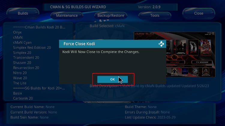 Ok option to acknowledge Kodi force close