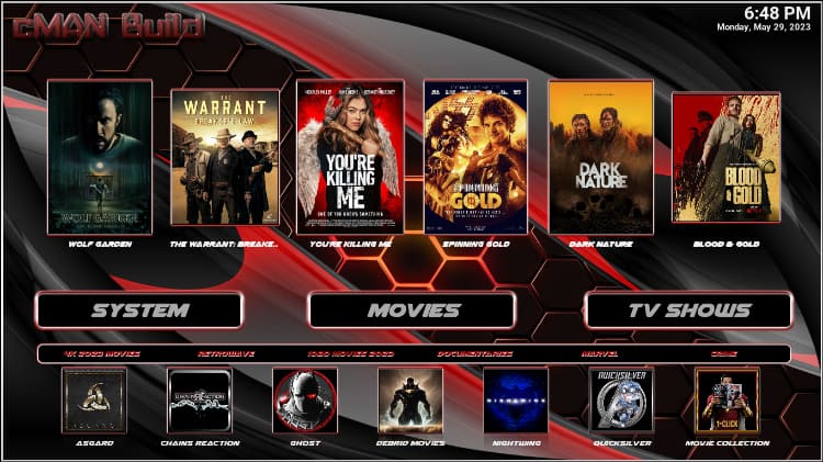 CMan Build movies section after the installation on Kodi