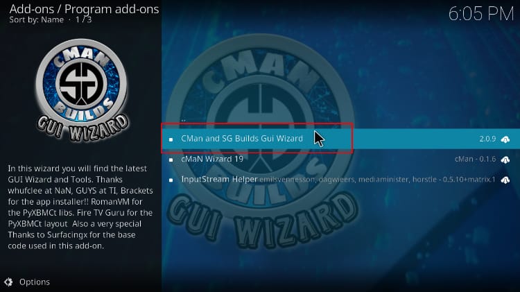 Selecting cMan and SG Builds Gui Wizard to install on Kodi