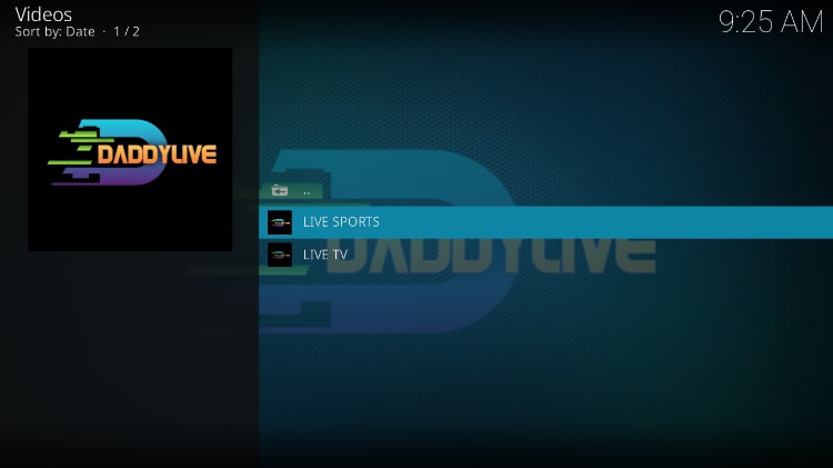 DaddyLive Kodi addon main menu options