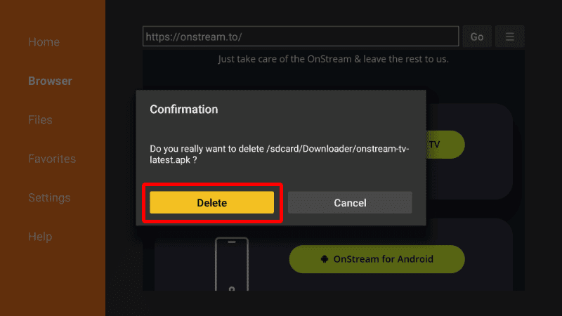 Confirm delete OnStream installation file
