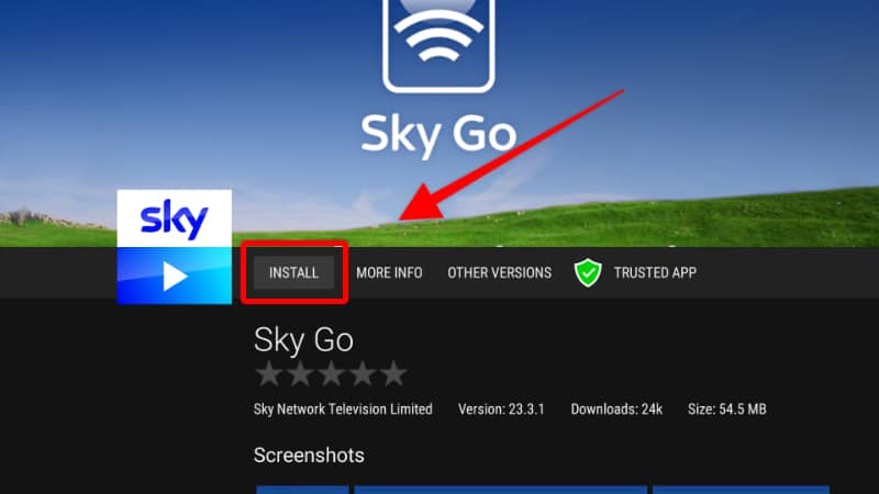 install option on Firestick for SKy Go on Aptoide
