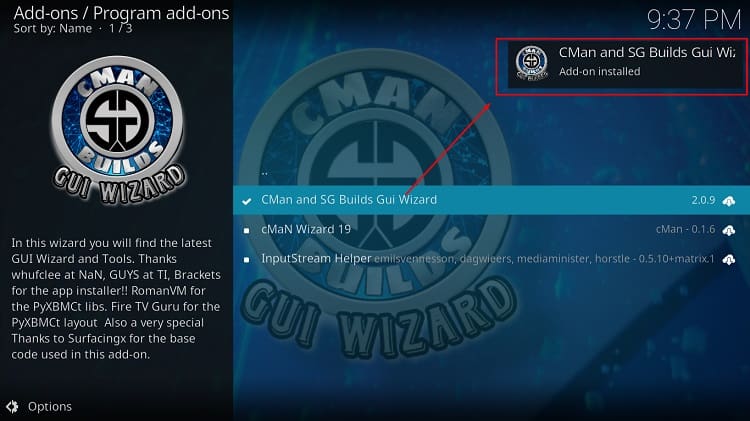 cMan Wizard Build installed on Kodi
