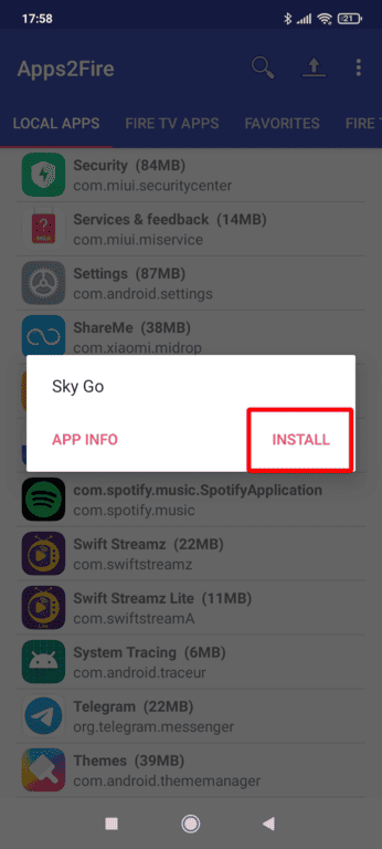 Hit button Install, to install Sky Go on Firestick using Apps2Fire