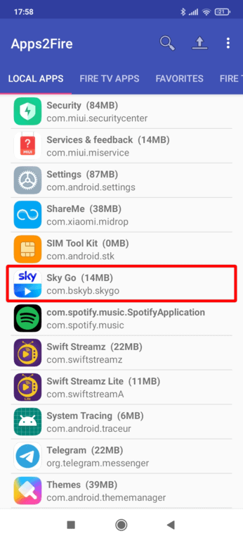 Select Sky Go in Apps2Fire to install