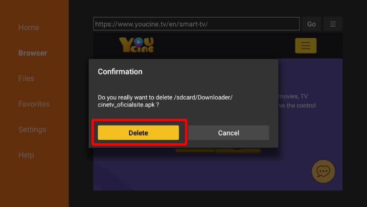 Delete YouCine apk installation file