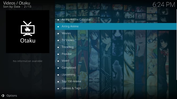 Otaku Kodi addon menu