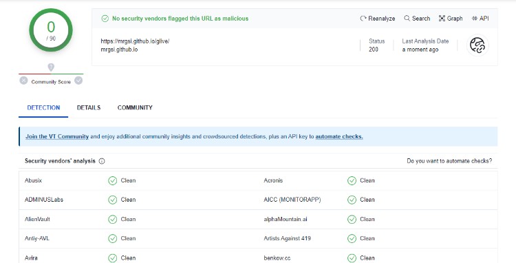 glive repo malware scan - virus total