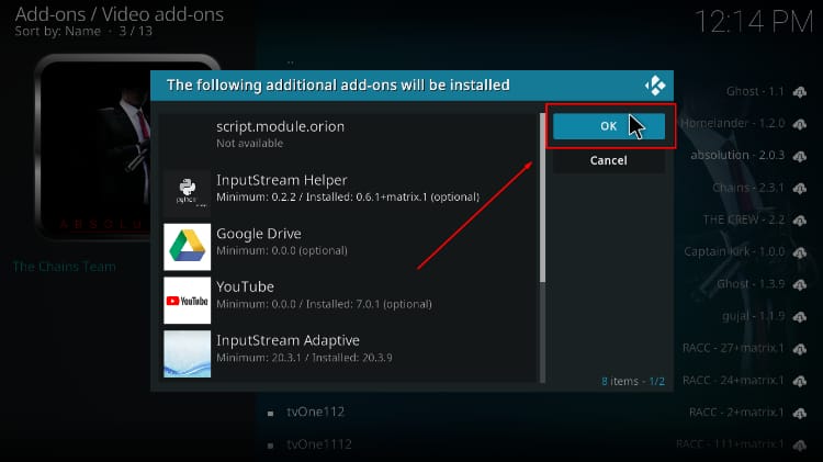 Absolution Kodi addon may require additional addons to install