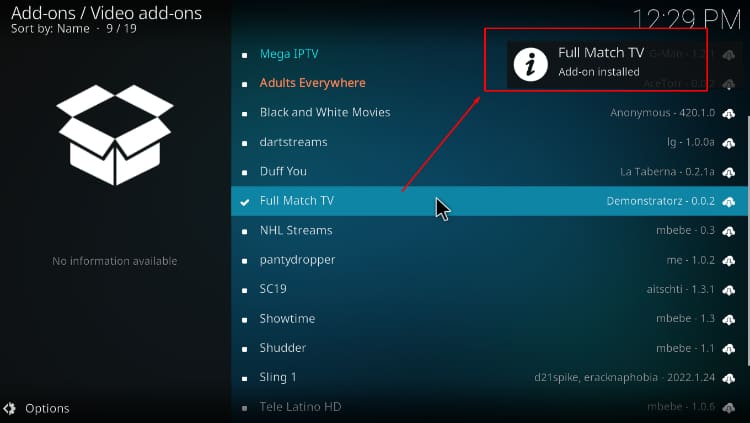 install Full Match TV Kodi Addon - Installed