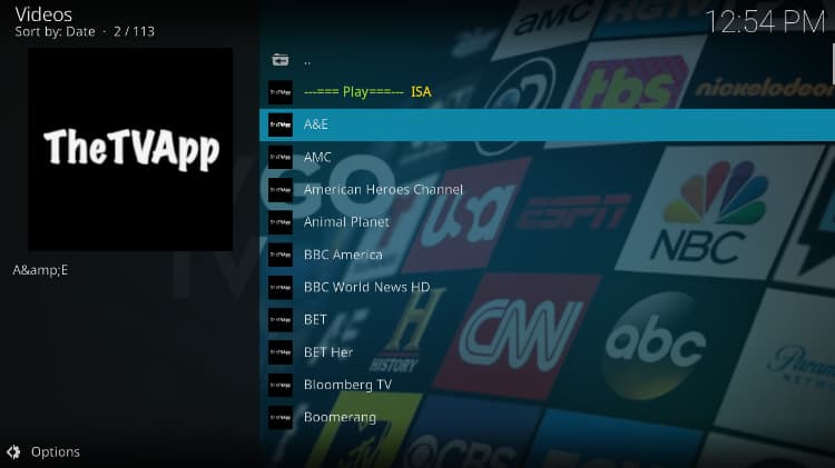 The TV App Kodi Addon Channels Line Up