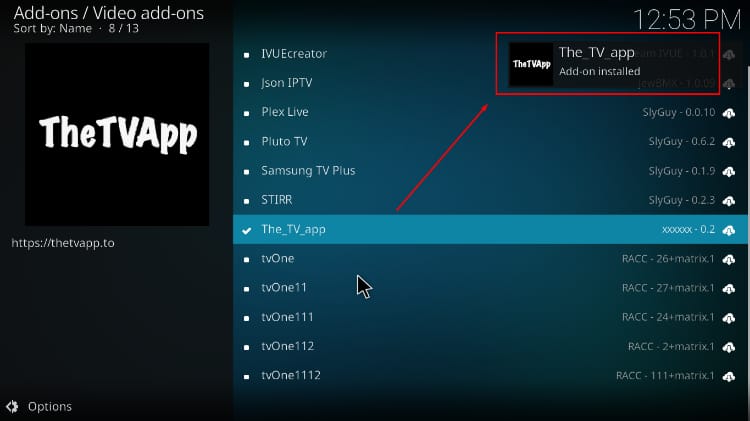 The TV App Kodi addon installed