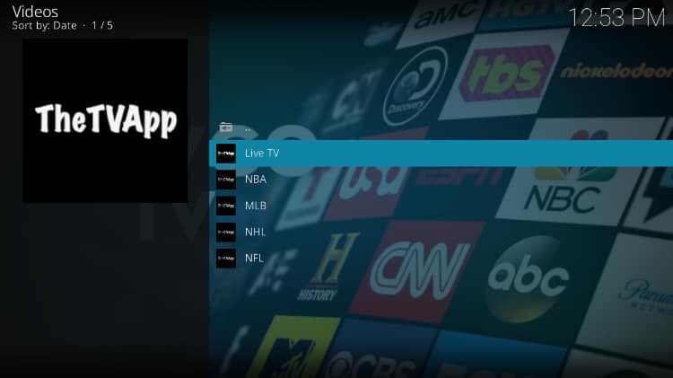 The TV App Kodi Addon Menu