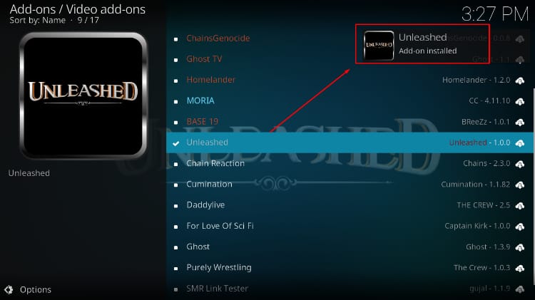 The Unleashed Kodi addon was installed