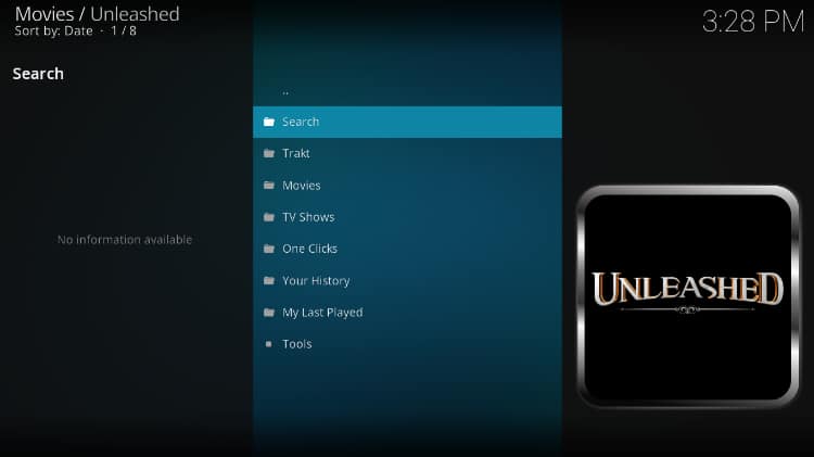 Unleashed Kodi addon menu