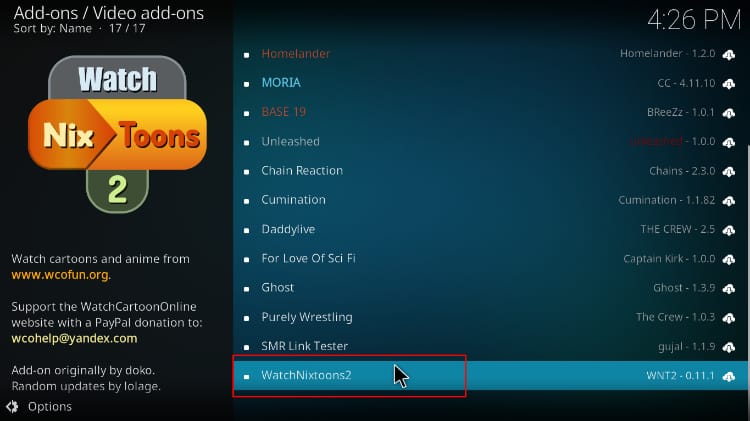 Select WatchNixtoons2 Addon to install on Kodi