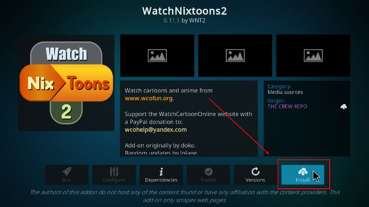 Hit the install button to proceed with the WatchNixtoons install