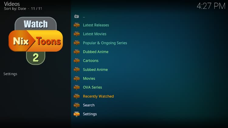 WatchNixtoons2 Kodi Addon Menu