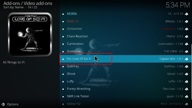 Select the addon For The Love of Sci-Fi from the list, to install on Kodi