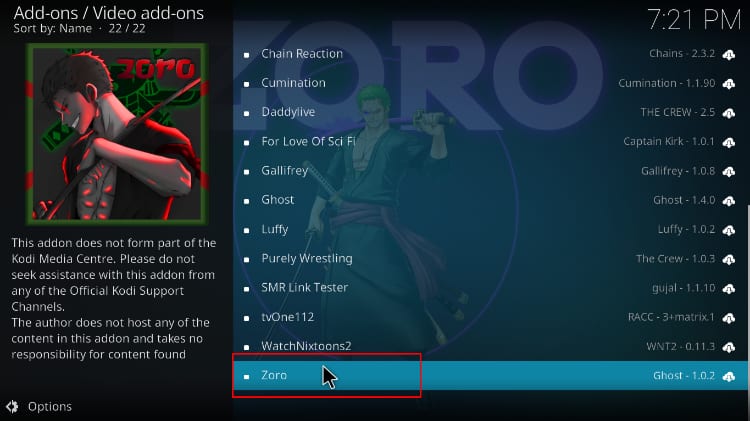 FRom the The Crew Repo, find and select Zoro Addon to install on Kodi