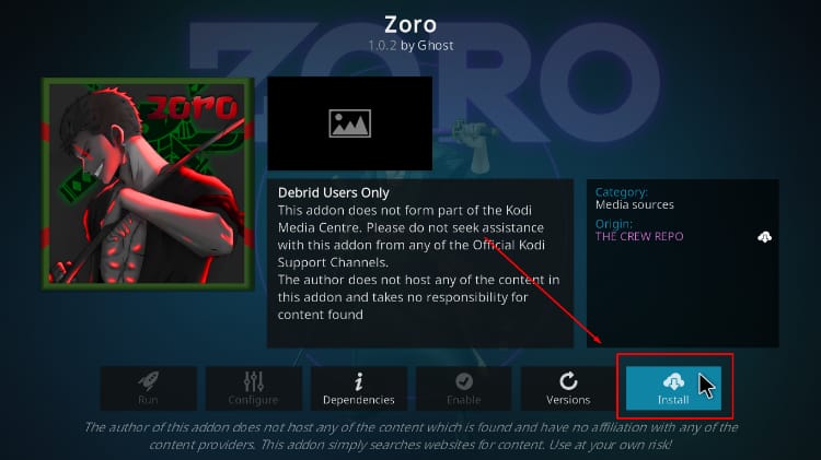 Hit the Install button option to proceed with Zoro Kodi addon installing