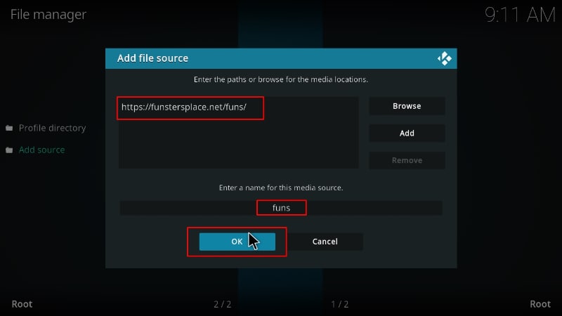 Enter the Funstersplace repo source containing Cosmic One build to install on Kodi