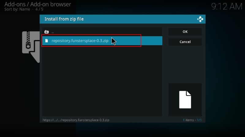 Select the Funstersplace repo zip file that hosts Cosmic One Kodi build, to install